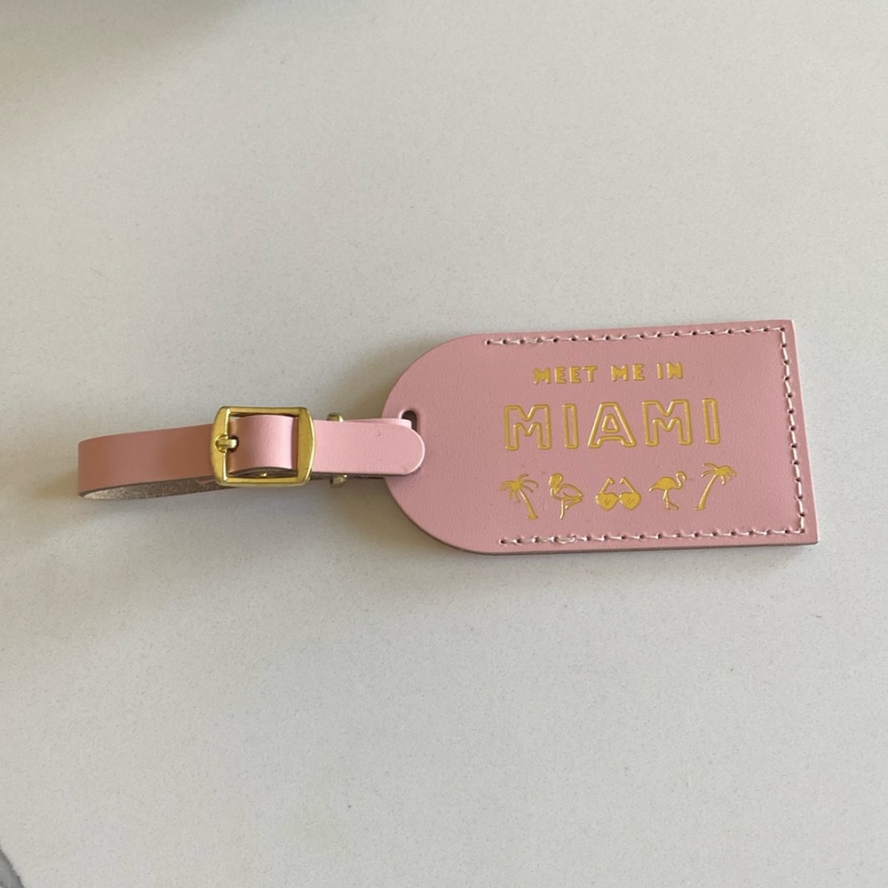 Meet me in Miami pink and gold leather luggage tag